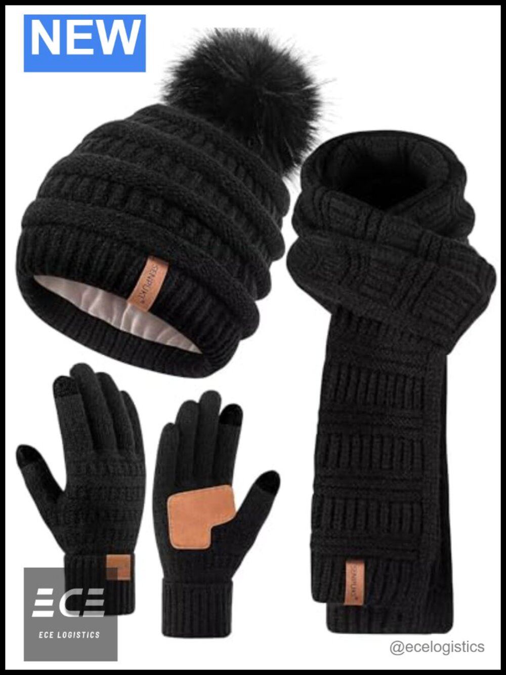 Winter Beanie Scarf Gloves Set Pom Pom Hat Fleece Lined Knit Scarf Touchscreen